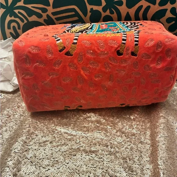 Large Embroidered Bright Orange Zebra Cosmetic Bag w Pom Pom Zipper NWT - Picture 4 of 6